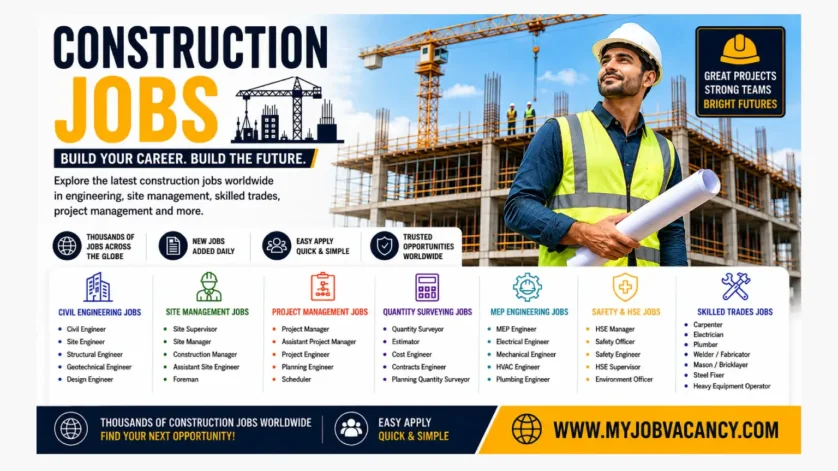 Construction jobs worldwide in civil engineering, site management, building and skilled trades