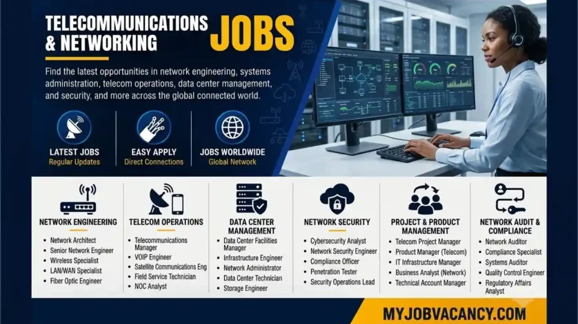 Telecommunications and networking jobs worldwide including network engineering, cybersecurity and IT infrastructure